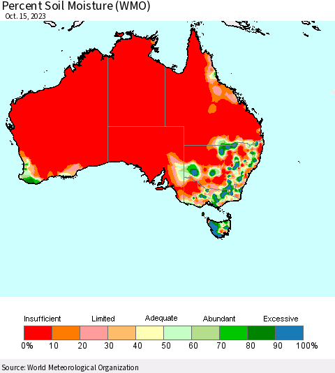 Australia Percent Soil Moisture (WMO) Thematic Map For 10/9/2023 - 10/15/2023