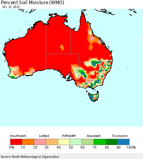Australia Percent Soil Moisture (WMO) Thematic Map For 10/16/2023 - 10/22/2023