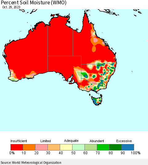 Australia Percent Soil Moisture (WMO) Thematic Map For 10/23/2023 - 10/29/2023