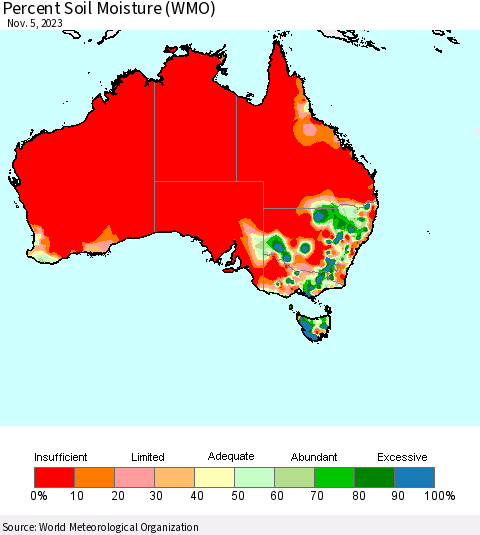 Australia Percent Soil Moisture (WMO) Thematic Map For 10/30/2023 - 11/5/2023
