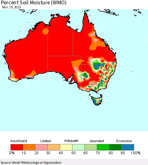 Australia Percent Soil Moisture (WMO) Thematic Map For 11/13/2023 - 11/19/2023