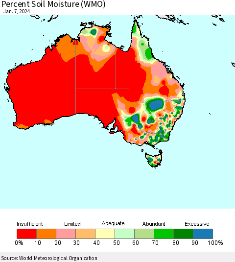 Australia Percent Soil Moisture (WMO) Thematic Map For 1/1/2024 - 1/7/2024