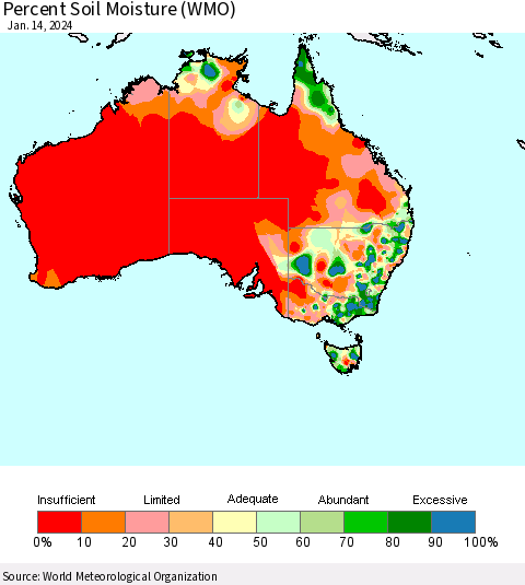 Australia Percent Soil Moisture (WMO) Thematic Map For 1/8/2024 - 1/14/2024