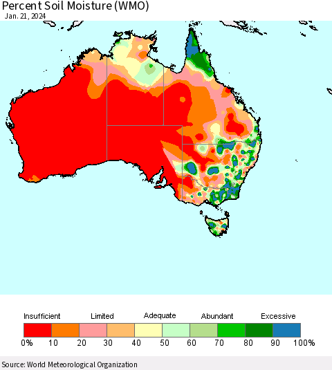 Australia Percent Soil Moisture (WMO) Thematic Map For 1/15/2024 - 1/21/2024