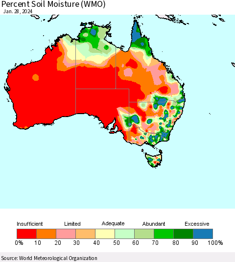 Australia Percent Soil Moisture (WMO) Thematic Map For 1/22/2024 - 1/28/2024