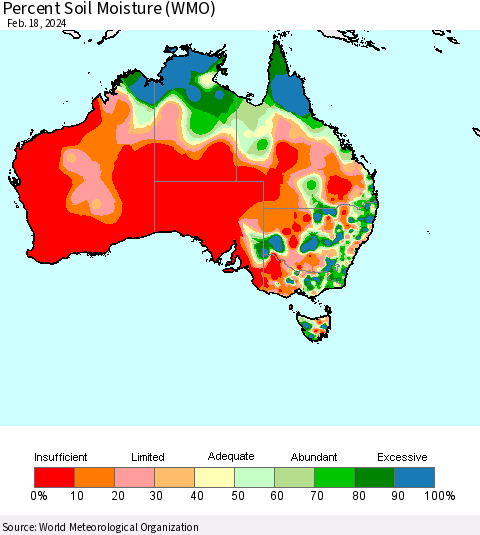 Australia Percent Soil Moisture (WMO) Thematic Map For 2/12/2024 - 2/18/2024