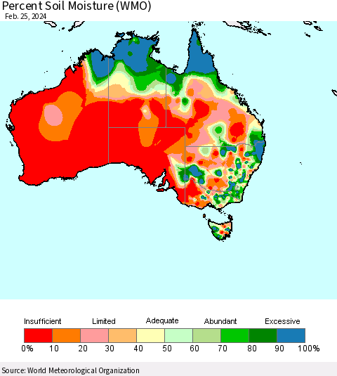 Australia Percent Soil Moisture (WMO) Thematic Map For 2/19/2024 - 2/25/2024
