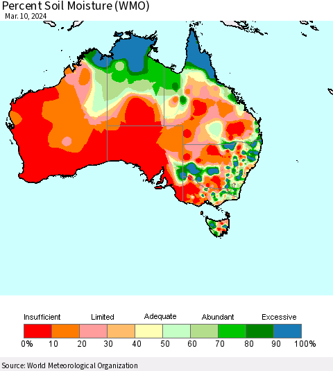 Australia Percent Soil Moisture (WMO) Thematic Map For 3/4/2024 - 3/10/2024