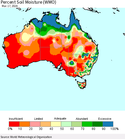 Australia Percent Soil Moisture (WMO) Thematic Map For 3/11/2024 - 3/17/2024