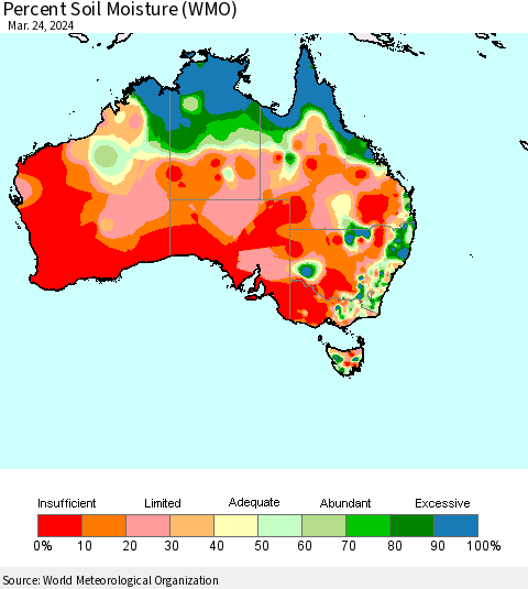 Australia Percent Soil Moisture (WMO) Thematic Map For 3/18/2024 - 3/24/2024