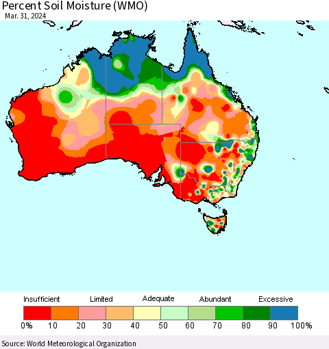 Australia Percent Soil Moisture (WMO) Thematic Map For 3/25/2024 - 3/31/2024
