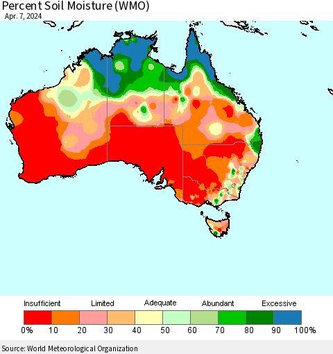 Australia Percent Soil Moisture (WMO) Thematic Map For 4/1/2024 - 4/7/2024