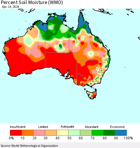 Australia Percent Soil Moisture (WMO) Thematic Map For 4/8/2024 - 4/14/2024