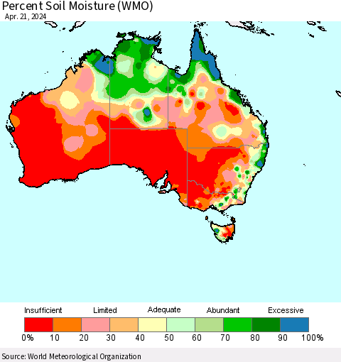 Australia Percent Soil Moisture (WMO) Thematic Map For 4/15/2024 - 4/21/2024