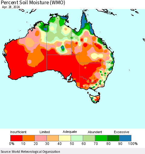 Australia Percent Soil Moisture (WMO) Thematic Map For 4/22/2024 - 4/28/2024