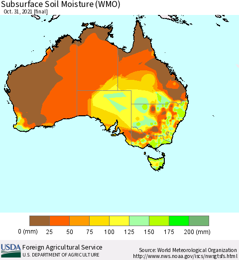 Australia Subsurface Soil Moisture (WMO) Thematic Map For 10/25/2021 - 10/31/2021