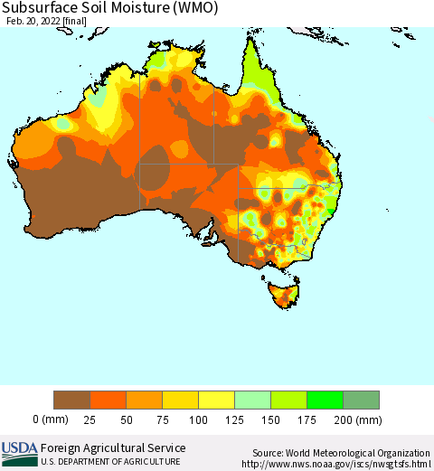 Australia Subsurface Soil Moisture (WMO) Thematic Map For 2/14/2022 - 2/20/2022
