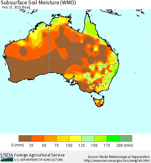 Australia Subsurface Soil Moisture (WMO) Thematic Map For 2/21/2022 - 2/27/2022