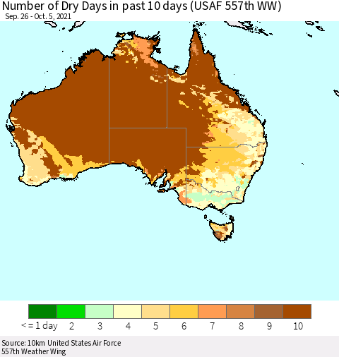 Australia Number of Dry Days in past 10 days (USAF 557th WW) Thematic Map For 10/1/2021 - 10/5/2021