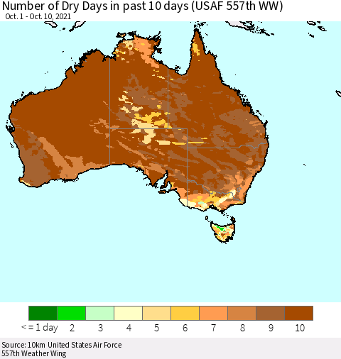 Australia Number of Dry Days in past 10 days (USAF 557th WW) Thematic Map For 10/6/2021 - 10/10/2021