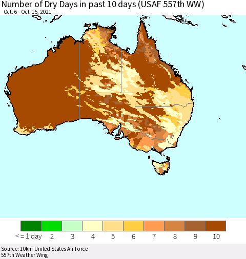 Australia Number of Dry Days in past 10 days (USAF 557th WW) Thematic Map For 10/11/2021 - 10/15/2021