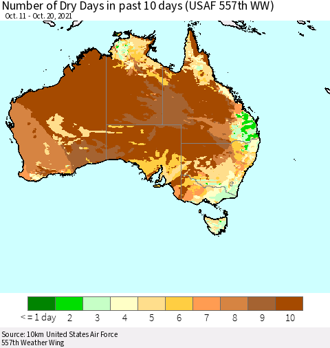 Australia Number of Dry Days in past 10 days (USAF 557th WW) Thematic Map For 10/16/2021 - 10/20/2021