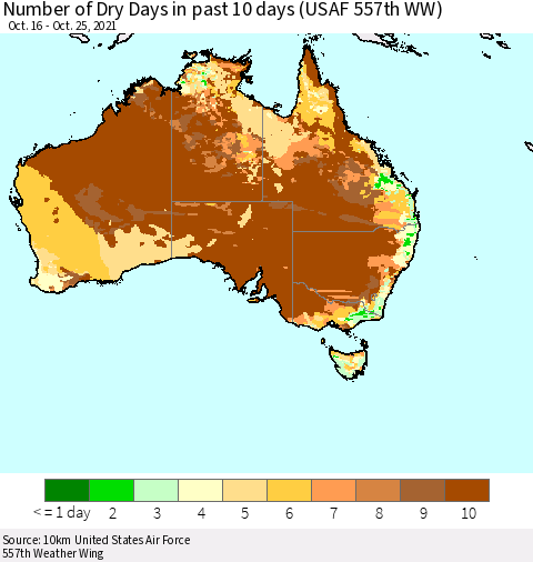 Australia Number of Dry Days in past 10 days (USAF 557th WW) Thematic Map For 10/21/2021 - 10/25/2021