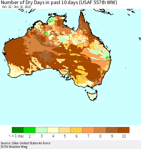 Australia Number of Dry Days in past 10 days (USAF 557th WW) Thematic Map For 10/26/2021 - 10/31/2021