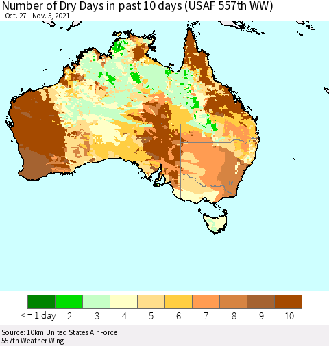 Australia Number of Dry Days in past 10 days (USAF 557th WW) Thematic Map For 11/1/2021 - 11/5/2021