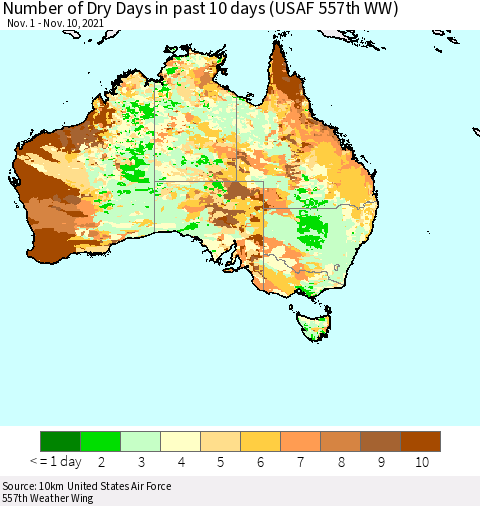 Australia Number of Dry Days in past 10 days (USAF 557th WW) Thematic Map For 11/6/2021 - 11/10/2021