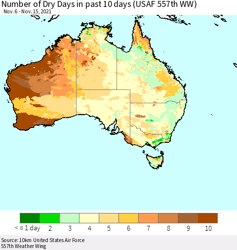 Australia Number of Dry Days in past 10 days (USAF 557th WW) Thematic Map For 11/11/2021 - 11/15/2021