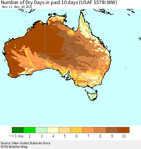 Australia Number of Dry Days in past 10 days (USAF 557th WW) Thematic Map For 11/16/2021 - 11/20/2021