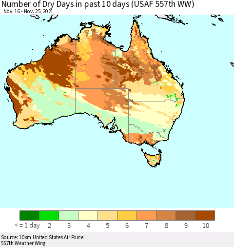 Australia Number of Dry Days in past 10 days (USAF 557th WW) Thematic Map For 11/21/2021 - 11/25/2021