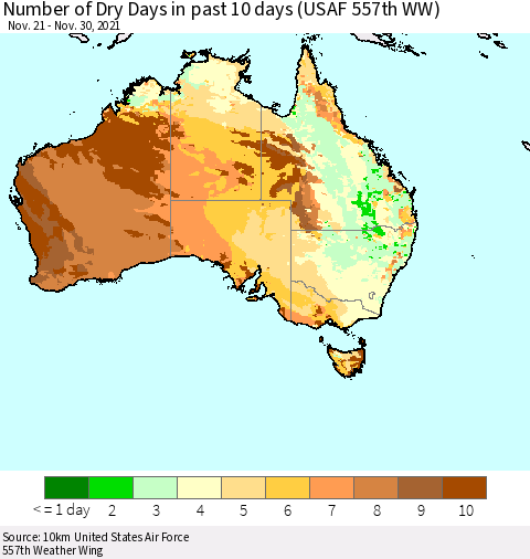 Australia Number of Dry Days in past 10 days (USAF 557th WW) Thematic Map For 11/26/2021 - 11/30/2021