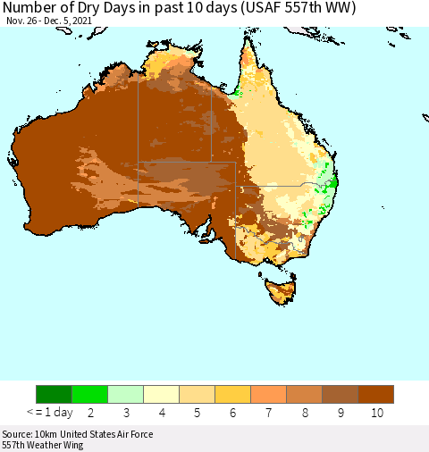 Australia Number of Dry Days in past 10 days (USAF 557th WW) Thematic Map For 12/1/2021 - 12/5/2021