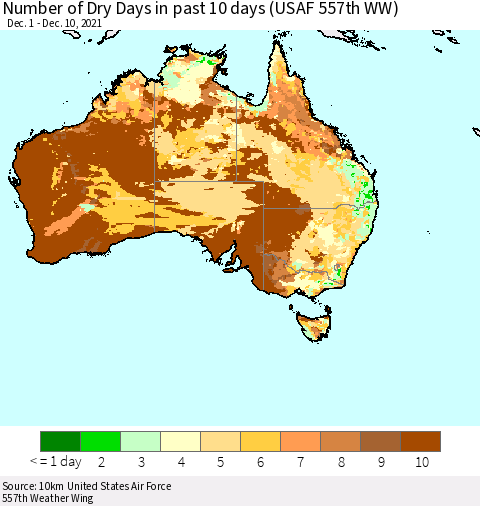 Australia Number of Dry Days in past 10 days (USAF 557th WW) Thematic Map For 12/6/2021 - 12/10/2021