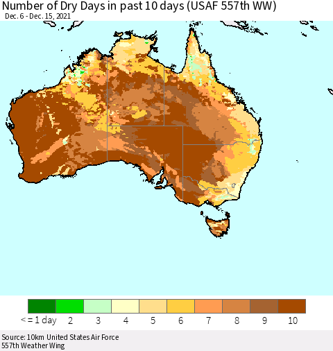 Australia Number of Dry Days in past 10 days (USAF 557th WW) Thematic Map For 12/11/2021 - 12/15/2021