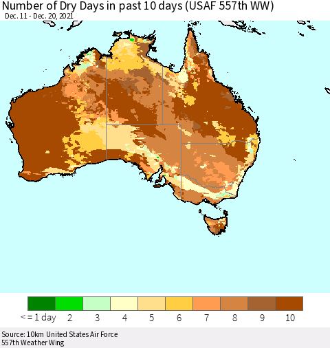 Australia Number of Dry Days in past 10 days (USAF 557th WW) Thematic Map For 12/16/2021 - 12/20/2021