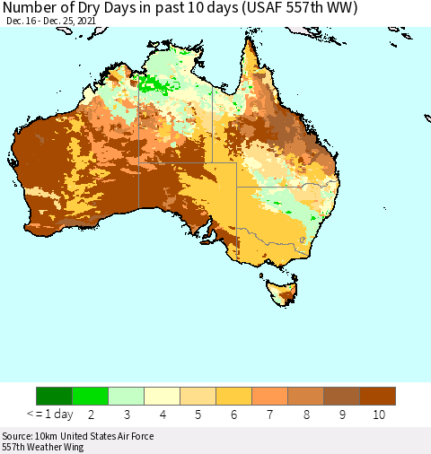 Australia Number of Dry Days in past 10 days (USAF 557th WW) Thematic Map For 12/21/2021 - 12/25/2021
