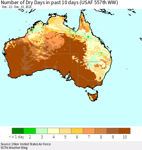 Australia Number of Dry Days in past 10 days (USAF 557th WW) Thematic Map For 12/26/2021 - 12/31/2021