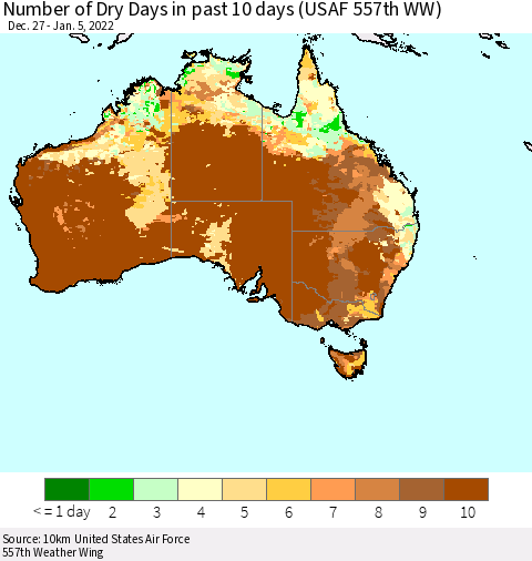 Australia Number of Dry Days in past 10 days (USAF 557th WW) Thematic Map For 1/1/2022 - 1/5/2022