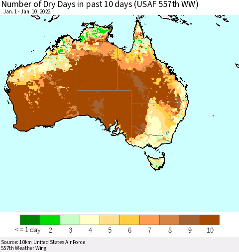 Australia Number of Dry Days in past 10 days (USAF 557th WW) Thematic Map For 1/6/2022 - 1/10/2022