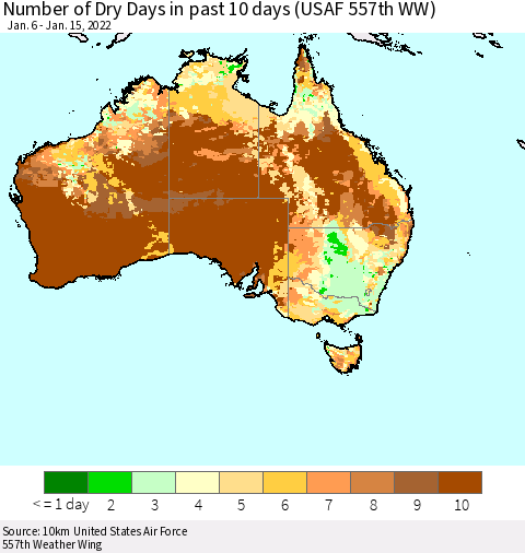 Australia Number of Dry Days in past 10 days (USAF 557th WW) Thematic Map For 1/11/2022 - 1/15/2022