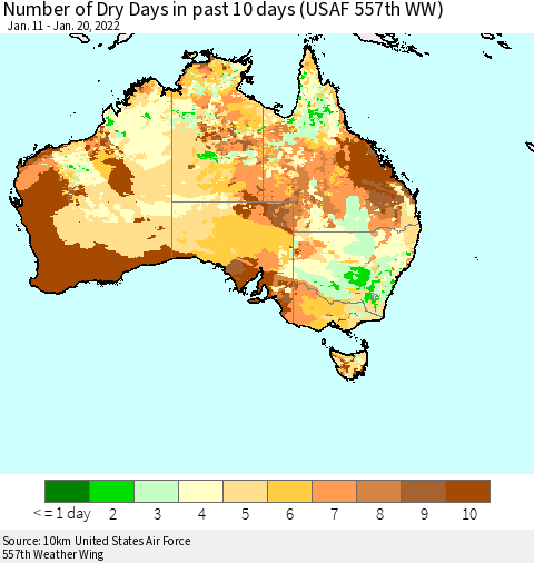 Australia Number of Dry Days in past 10 days (USAF 557th WW) Thematic Map For 1/16/2022 - 1/20/2022