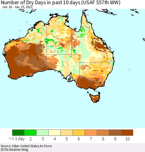 Australia Number of Dry Days in past 10 days (USAF 557th WW) Thematic Map For 1/21/2022 - 1/25/2022