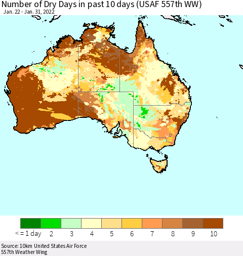 Australia Number of Dry Days in past 10 days (USAF 557th WW) Thematic Map For 1/26/2022 - 1/31/2022