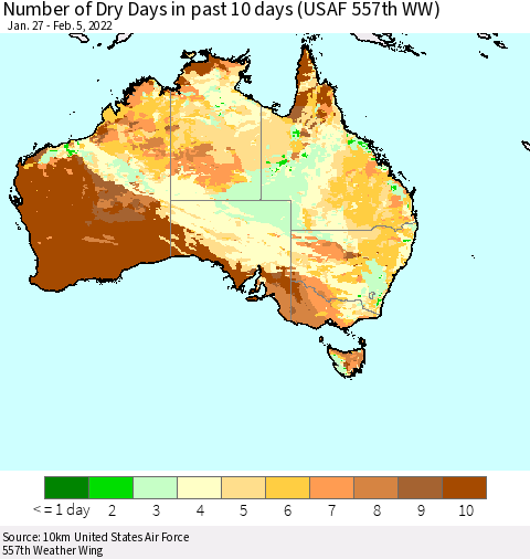 Australia Number of Dry Days in past 10 days (USAF 557th WW) Thematic Map For 2/1/2022 - 2/5/2022