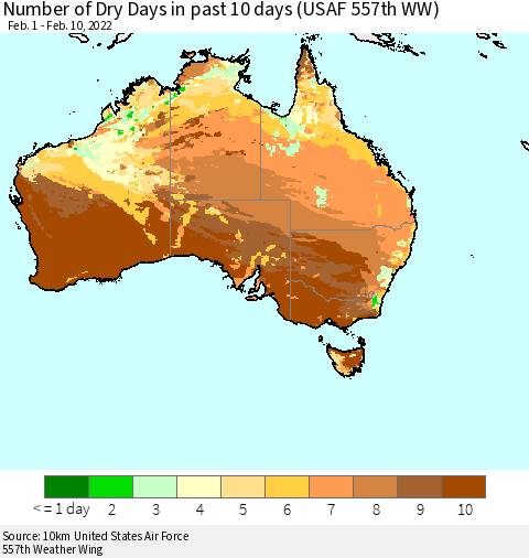 Australia Number of Dry Days in past 10 days (USAF 557th WW) Thematic Map For 2/6/2022 - 2/10/2022