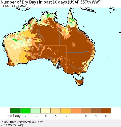 Australia Number of Dry Days in past 10 days (USAF 557th WW) Thematic Map For 2/11/2022 - 2/15/2022