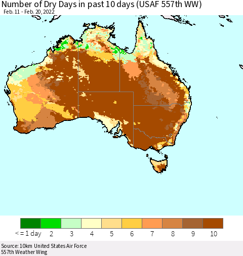 Australia Number of Dry Days in past 10 days (USAF 557th WW) Thematic Map For 2/16/2022 - 2/20/2022